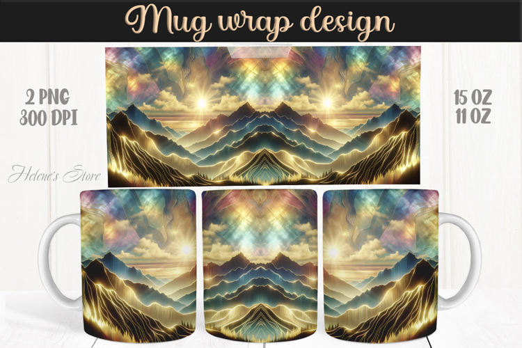 Fantasy mountains iridescent design mug wrap 15oz 11oz png