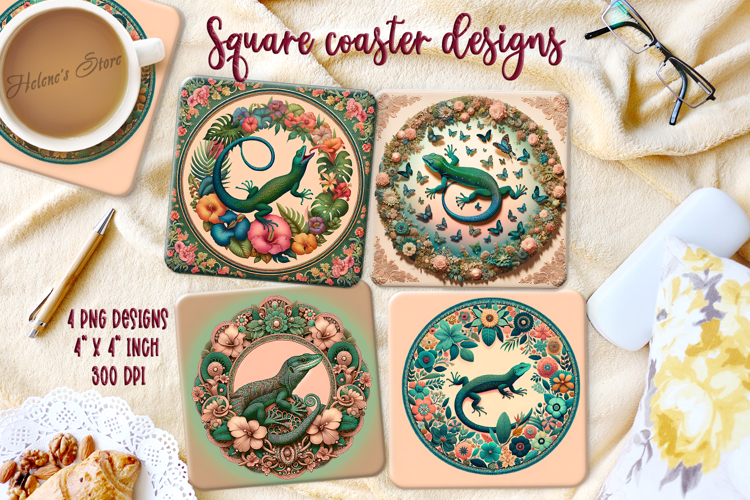 Cute lizard in round floral frame square coaster designs png