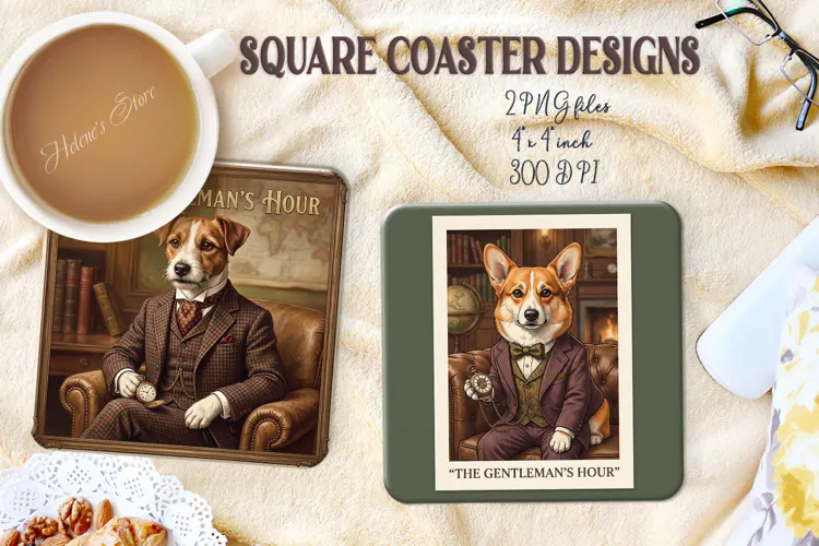 Style Gentlemen Dog square coasters|4 sublimation design png