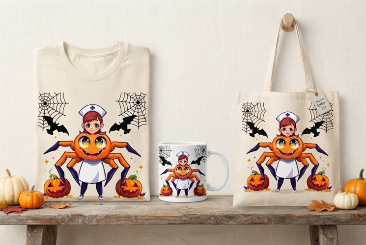 Cute Halloween Nurse Spider PNG with Pumpkins & Bats