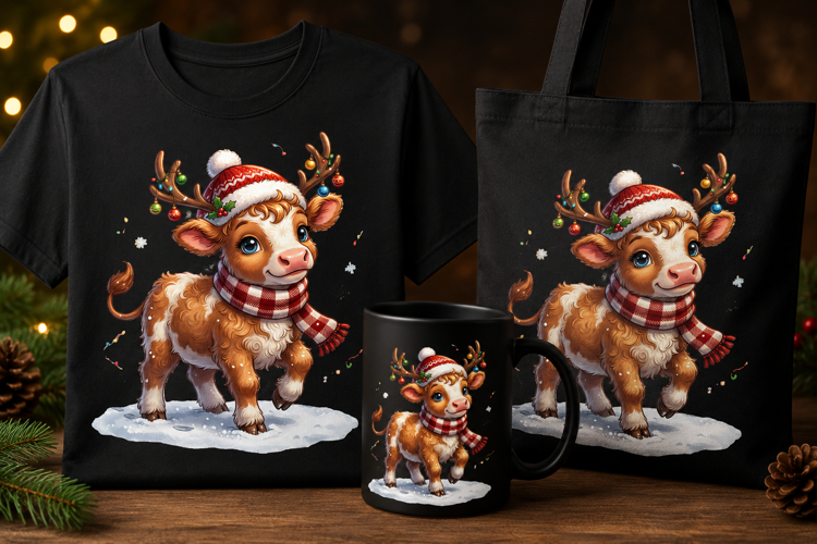 Cute Christmas Highland Cow PNG Reindeer Holiday Clipart