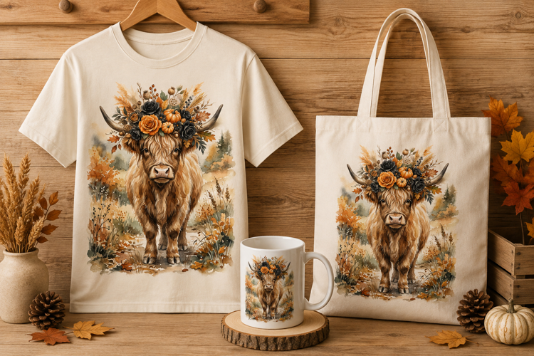 Boho Highland Cow with Black Rose Autumn Art Print