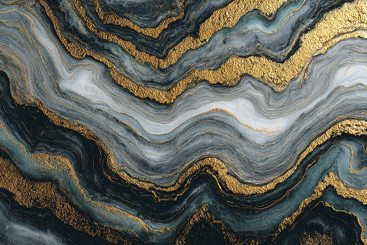 Black and Slate Blue Gold Fluid Art