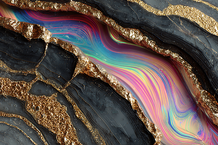 Swirls and gold accents on a black background