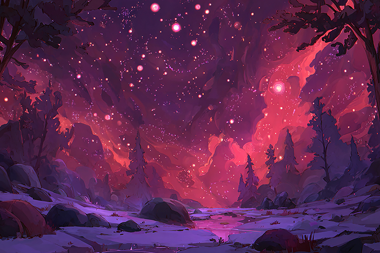 Starry Night Over Purple Forest Landscape