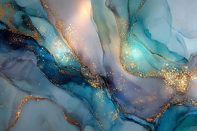 Teal and Navy Alcohol Ink with Golden Glitter Clouds