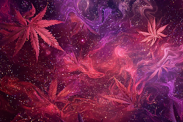 Psychedelic Cannabis Leaves in Vibrant Purple Cosmic Nebula