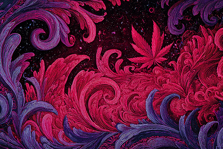 Elegant Pink Cannabis Leaf with Ornate Purple Floral Swirls