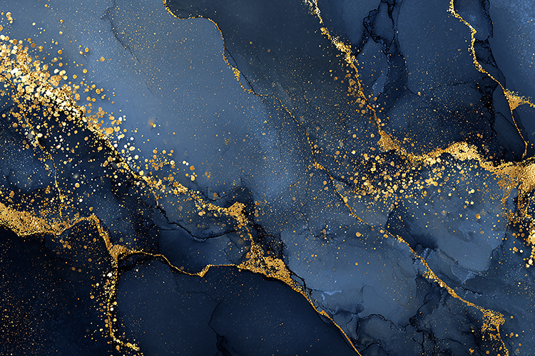 Abstract Blue Alcohol Ink Art with Splattered Gold Dust