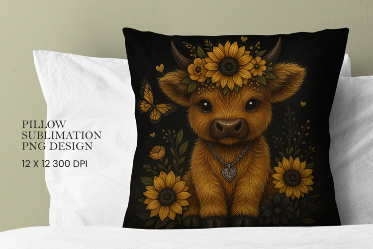 Highland Cow Flowers Pillow Sublimation PNG