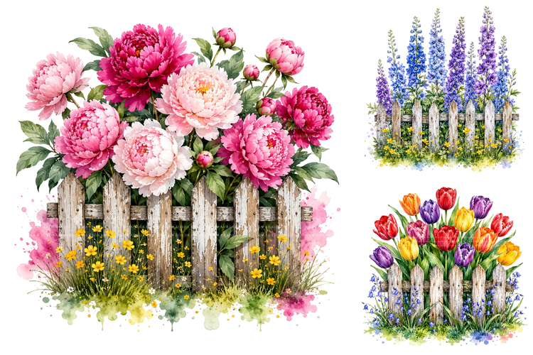 Watercolor Garden Fence Clipart Bundle