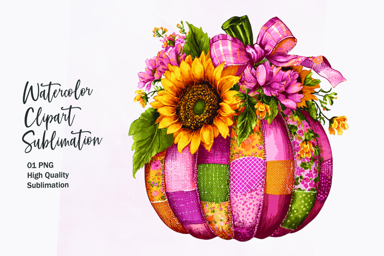 Floral Pumpkin with Bow Watercolor Clipart Sublimation