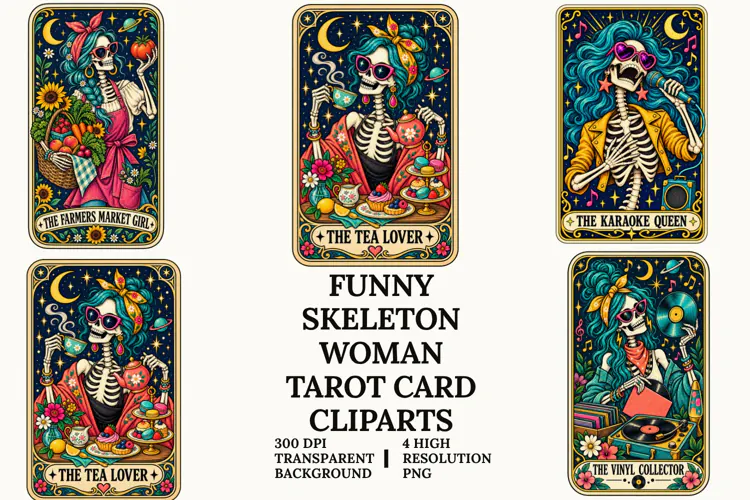 Funny Skeleton Women Tarot PNG Gothic Halloween Sublimation