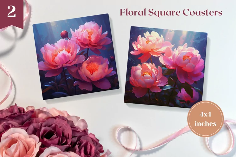 Floral Square Coaster Design, Colorful Peony Sublimation PNG