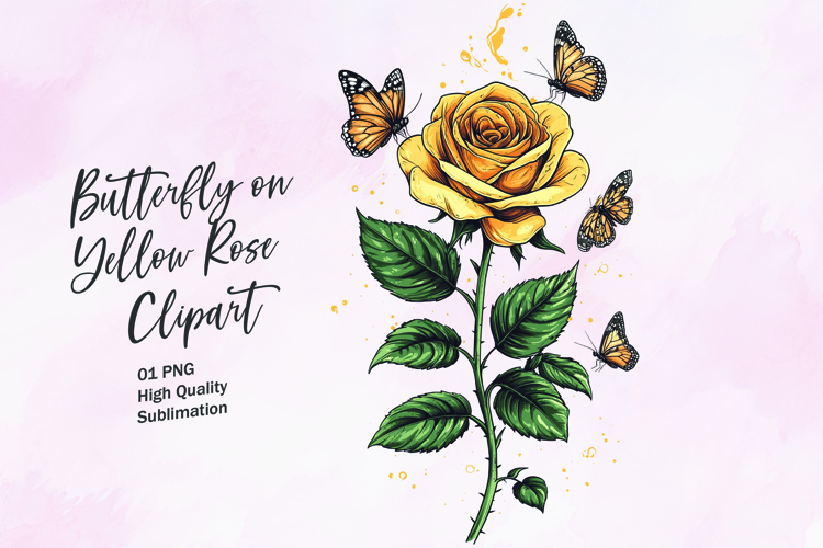 Yellow rose with butterfly watercolor clipart sublimation