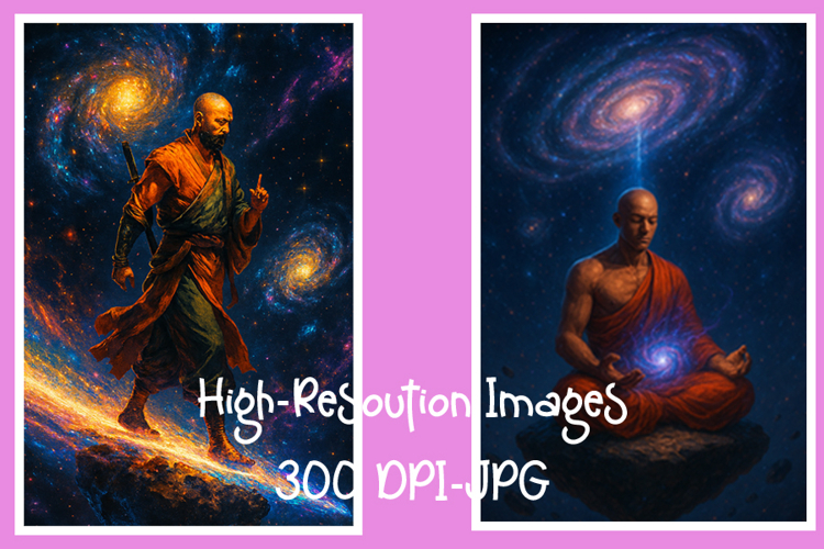 Monk cosmic meditation, spiritual galaxy energy, glowing