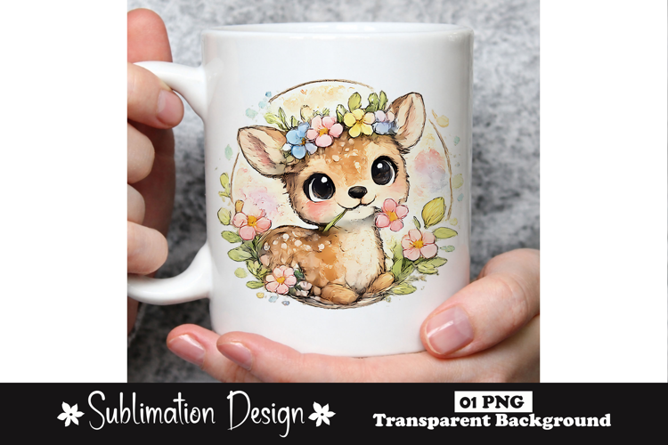 Cute Baby Deer With Flower Crown Watercolor Sublimation