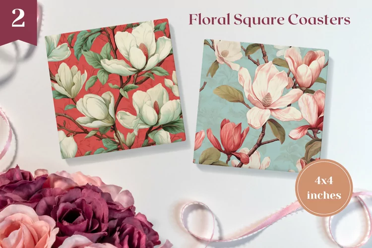 Flowers Square Coasters, Magnolia Flowers Sublimation PNG