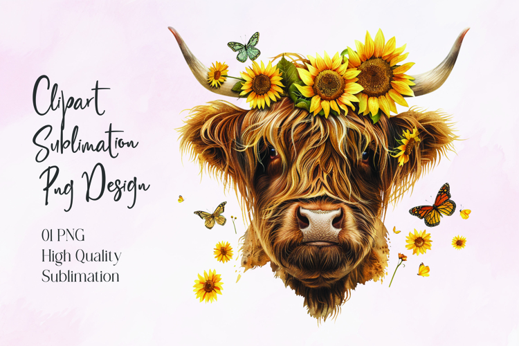 Highland Cow Sunflower Floral Sublimation PNG