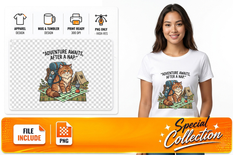Cute Camping Cat Adventure Sublimation PNG