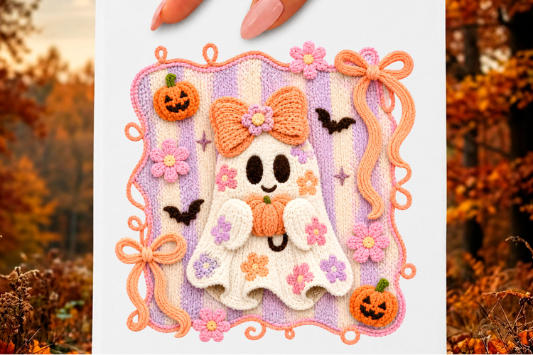 Faux Yarn Floral Ghost Halloween PNG example image 1