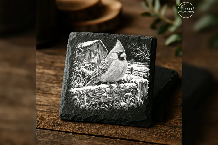 Cardinal at Barn Window Winter Laser Engraving PNG