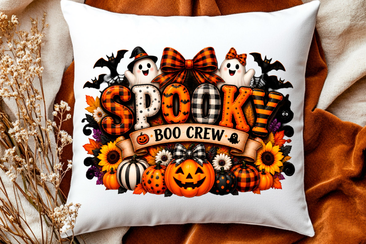 Spooky boo crew Halloween pumpkin design with ghosts