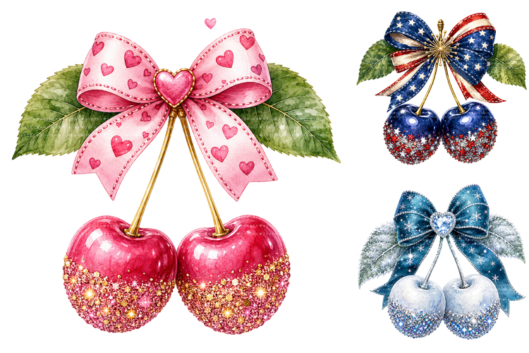 Glitter Cherry Bow Clipart Bundle, Seasonal Watercolor PNG