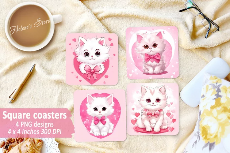 White cat Square Coaster|Valentine kitten coaster sublimatio