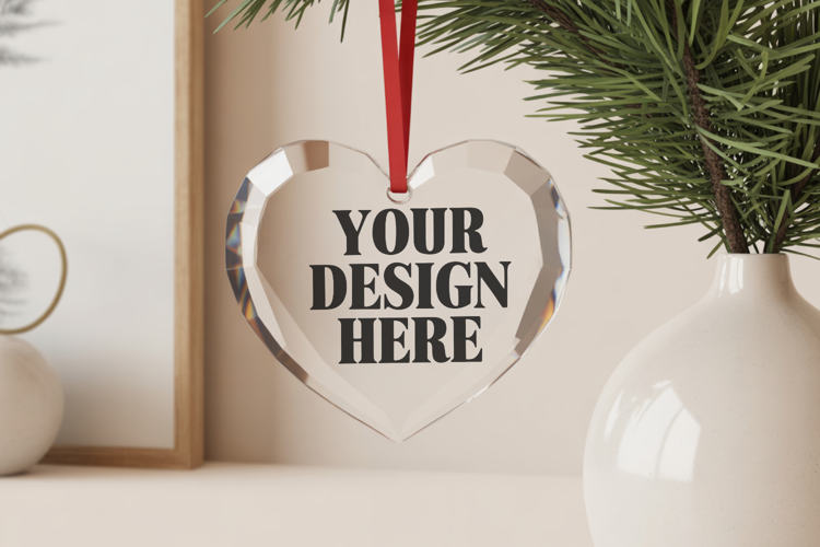 Christmas Heart Crystal Glass Ornament Mockups