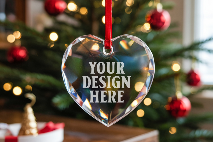 Christmas Heart Crystal Glass Ornament Mockup | Clear Heart