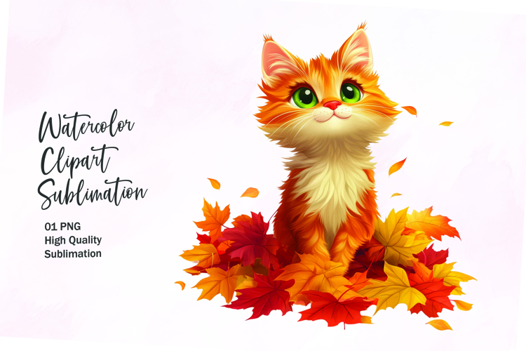 Cute cat with autumn leaves clipart png