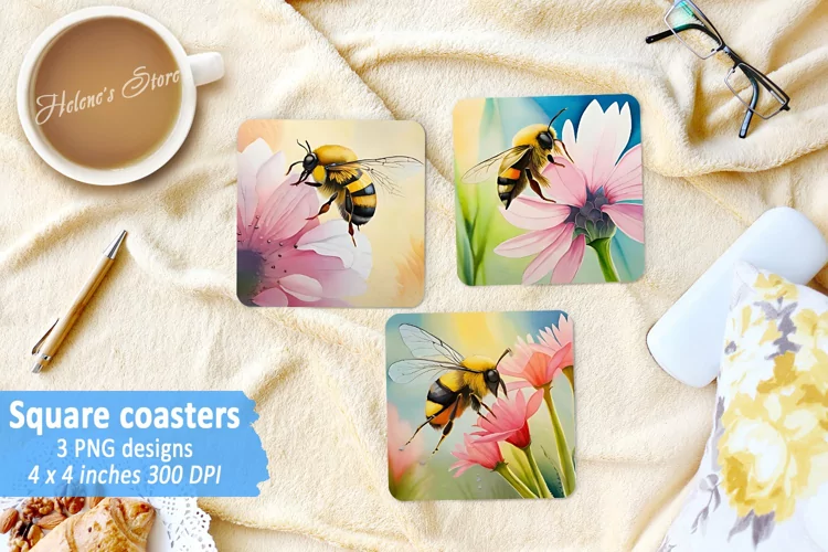 Watercolor Bee flower Coaster | Square Coaster Sublimation