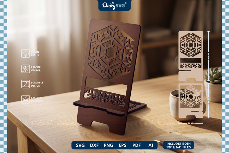 Split Winter Snowflake Phone Holder SVG Laser Cut Stand example image 1