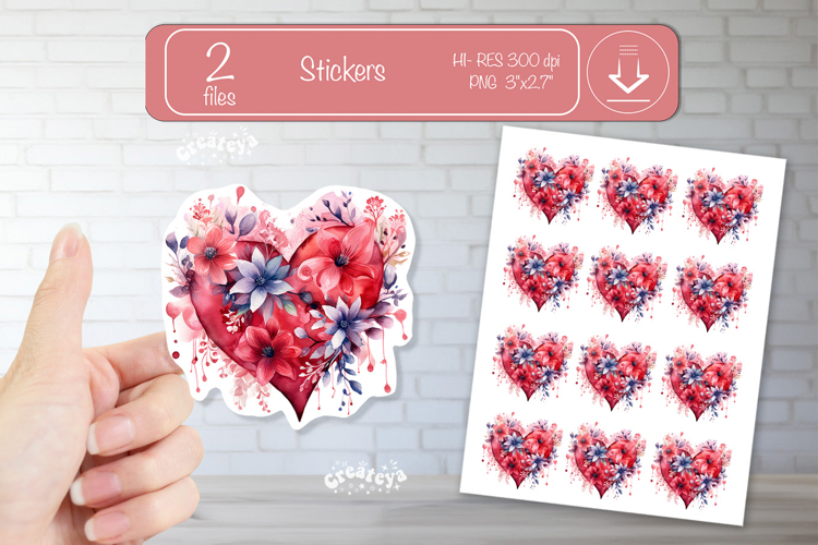 Floral Heart Stickers PNG Watercolor Love Heart Printable