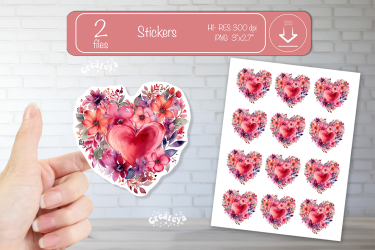 Floral Heart Stickers PNG Watercolor Love Heart Printable