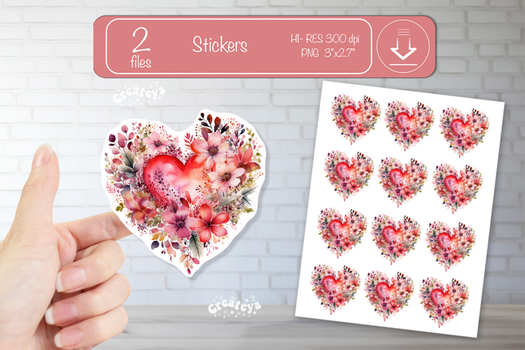 Floral Heart Stickers PNG Watercolor Love Heart Printable