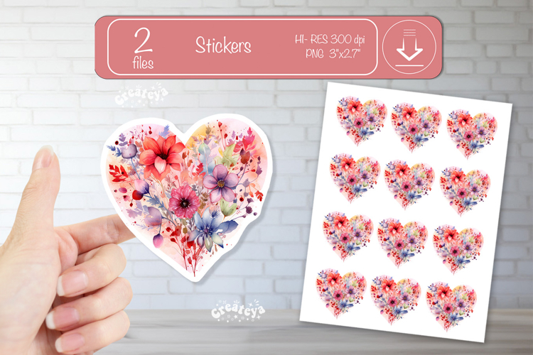 Floral Heart Stickers PNG Watercolor Love Heart Printable