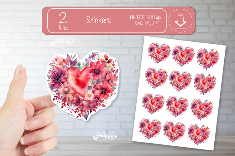 Floral Heart Stickers PNG Watercolor Love Heart Printable