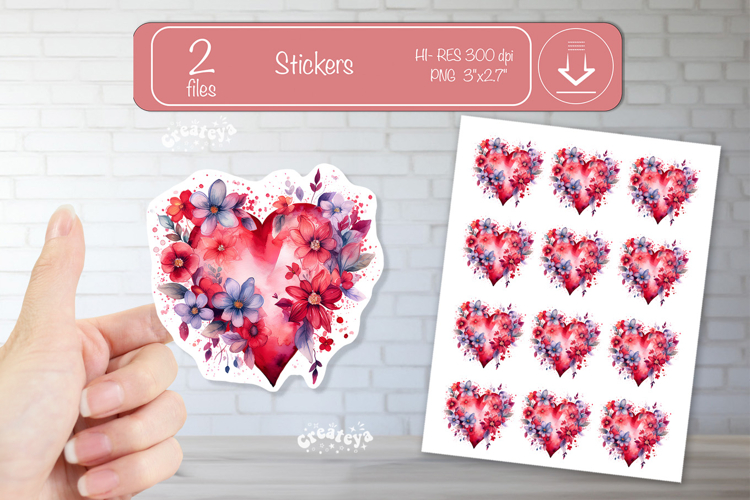 Floral Heart Stickers PNG Watercolor Love Heart Printable