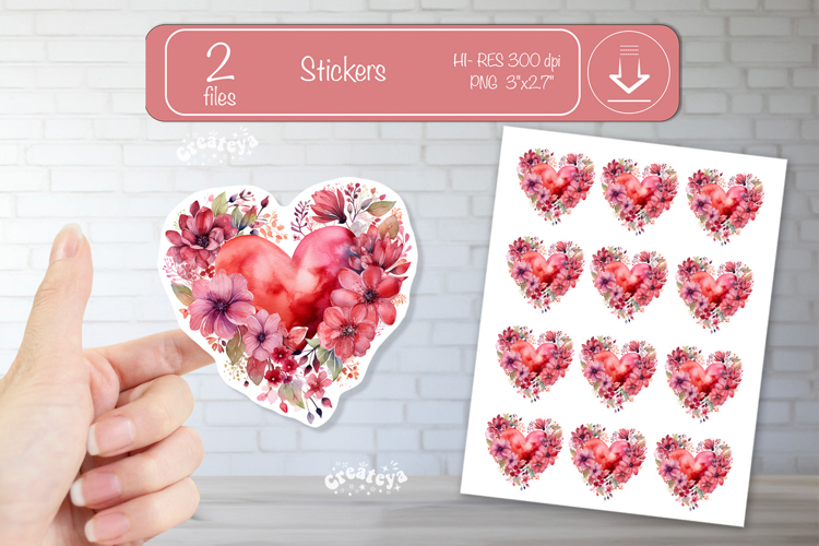 Floral Heart Stickers PNG Watercolor Love Heart Printable