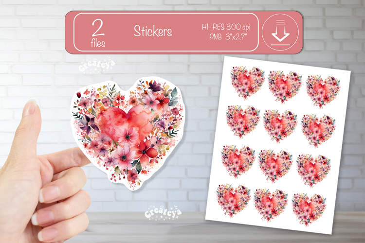 Floral Heart Stickers PNG Watercolor Love Heart Printable