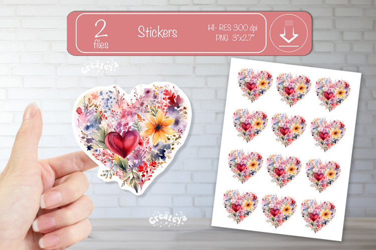 Floral Heart Stickers PNG Watercolor Love Heart Printable