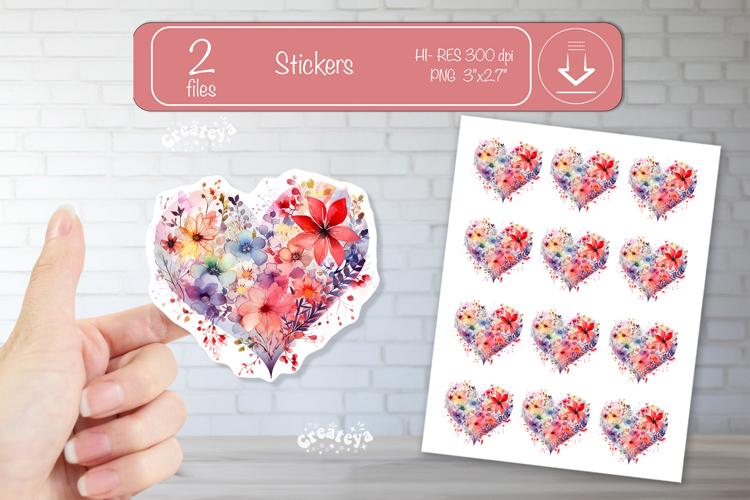 Floral Heart Stickers PNG Watercolor Love Heart Printable