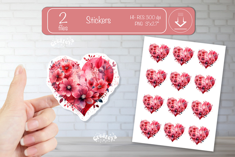 Floral Heart Stickers PNG Watercolor Love Heart Printable