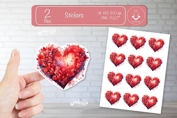 Floral Heart Stickers PNG Watercolor Love Heart Printable
