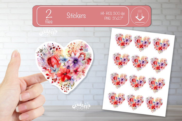 Floral Heart Stickers PNG Watercolor Love Heart Printable