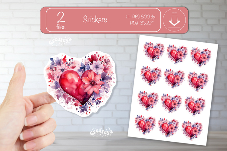 Floral Heart Stickers PNG Watercolor Love Heart Printable