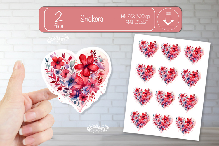Floral Heart Stickers PNG Watercolor Love Heart Printable