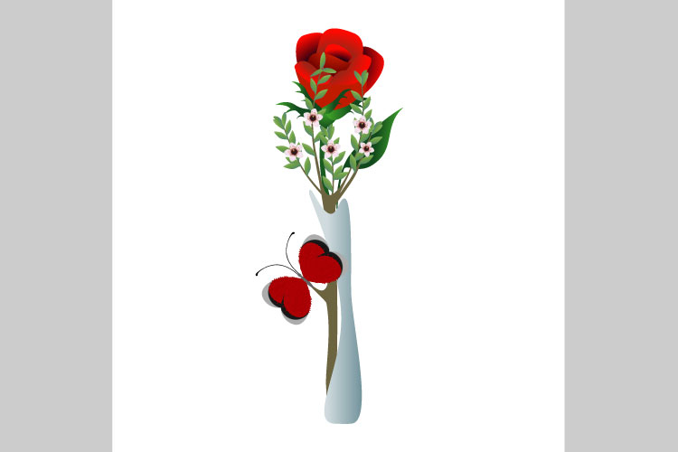 Branch with manuka flowers and red rose in vase on white.